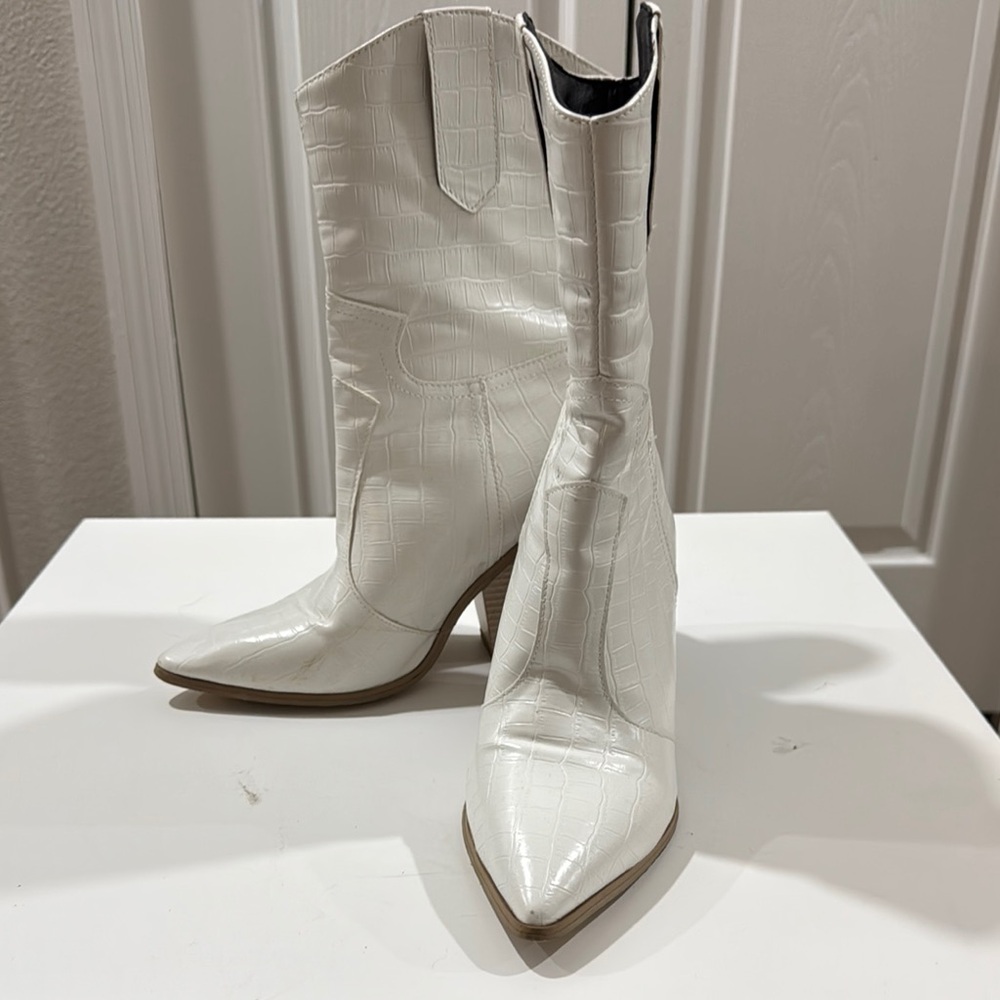 White Croc-Embossed Western Boots